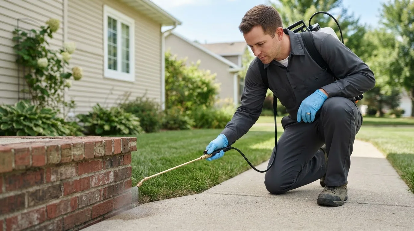 Pest control technician treating a home near Gowen, MI