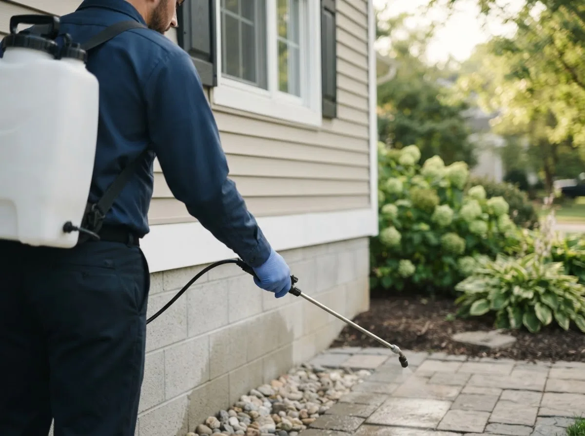Pest control technician inspecting a home in Gowen, MI
